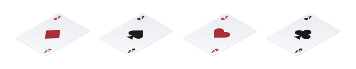 Aces of hearts, spades, diamonds, and clubs. Isometric playing cards, facing right. Transparent background.