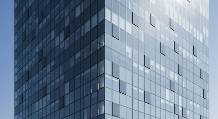 Connectivity modern glass skyscraper facade with geometric patterns and blue sky