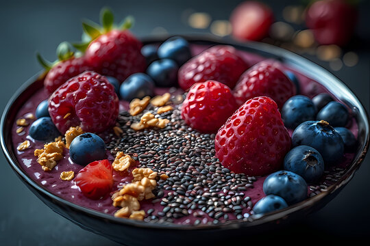 Healthy Berry Smoothie Bowl with Granola and Chia Seeds &mdash; Top View