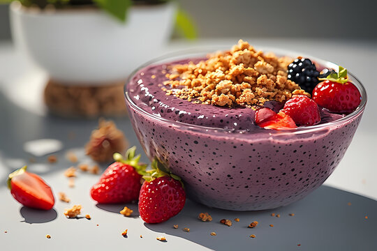 Colorful Acai Smoothie Bowl with Fresh Raspberries, Blueberries, and Strawberries