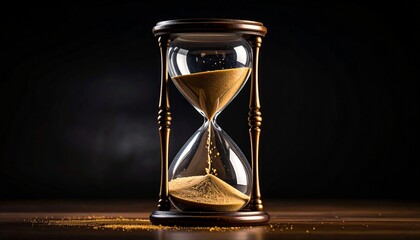 Clear glass hourglass with white sand flowing—dark background and suspended motion evoke time, transience, and quiet urgency in minimalist temporal symbolism composition.