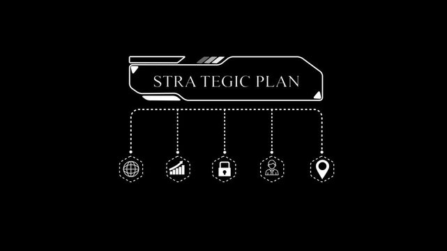 Stra tegic plan Info graphic with Modern Business Icons, Global Network, Growth Chart, Team Collaboration, Data Security, and Location Marker on Black Background for Corporate Presentation.