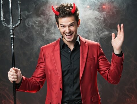 Man dressed as devil welcoming for halloween party