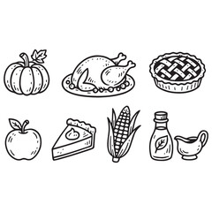 Autumn traditional food icon, thanksgiving day holiday table hand drawn doodle line illustration set vector