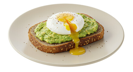 Poached egg on avocado toast isolated on a plate, healthy breakfast or brunch concept, delicious and nutritious food