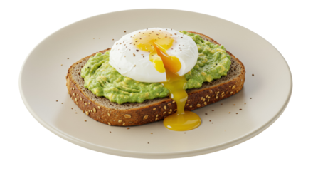 Poached egg on avocado toast isolated on a plate, healthy breakfast or brunch concept, delicious and nutritious food