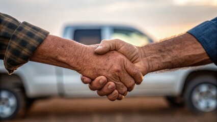 small town farmers usa Two weathered hands shaking, symbolizing agreement and connection against a blurred truck backdrop.