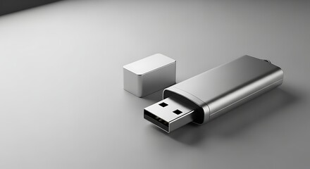 Silver USB drive with its cap off, lying on a gray surface, showcasing data storage technology.