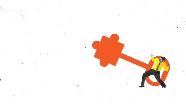 Modern ad video with businessman carrying puzzle piece key for missing gap in colorful board. Concept of strategy fit, solution finding, analysis, leadership, and unlocking growth.