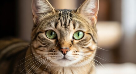 Close-up of a beautiful tabby cat with striking green eyes looking directly at the camera.
