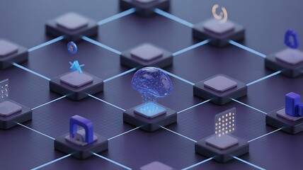 3D rendering of AI workflow automation dashboard, featuring nodes, triggers, and data flow for intelligent process management.