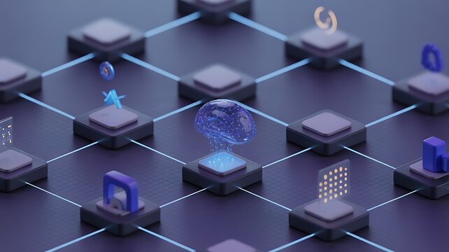 3D rendering of AI workflow automation dashboard, featuring nodes, triggers, and data flow for intelligent process management.