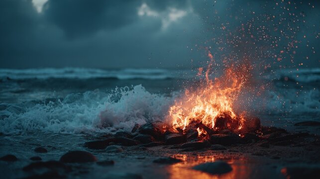 Bonfire's Glow on the Moody Coastline A Dance Between Fire and Sea
