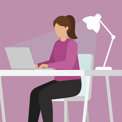 Flat illustration of women working on laptops in home or office settings. Modern design for freelance, online learning, remote work, and digital communication themes.
