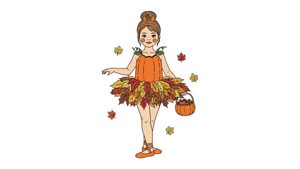 Autumn Ballerina: A charming illustration of a ballerina in a dress of autumnal leaves. The ballerina, carrying a pumpkin basket, embodies the season's beauty.