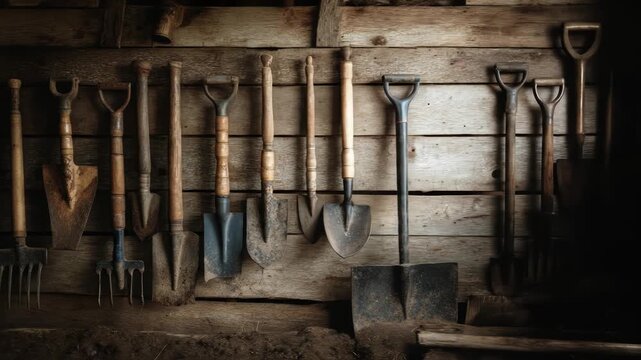 Shovels and pitchforks hang on a rustic wooden wall in dim lighting