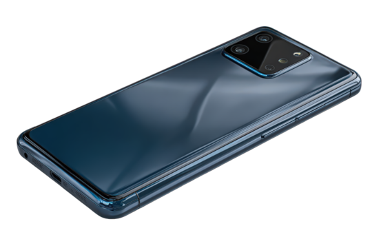 Sleek Dark Blue Smartphone Angled View with Multiple Camera Lenses Isolated on Transparent Background Modern Mobile Technology Device for Communication and Entertainment