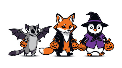 Halloween Animals Gathering: A charming illustration of a bat, a fox, and a penguin in whimsical Halloween costumes, each holding a trick-or-treat pumpkin.