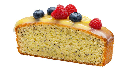 Slice of lemon poppy seed cake isolated, topped with glaze and fresh raspberries and blueberries, delicious dessert