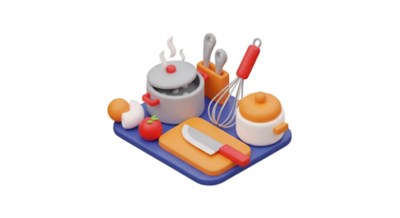 Kitchenware with cooking pot, egg, apple, knife, and whisk isolated on transparent background