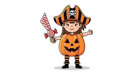 Pumpkin Pirate's Halloween Adventure: A little girl in an adorable pirate costume with a candy sword, embracing the spooky spirit of Halloween with playful charm.