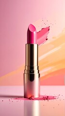 Pink lipstick with blurred pink and peach backdrop