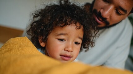 Obraz premium A person, likely a parent, holding a child close while looking at something together.