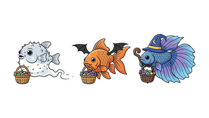 Fantasy Fish Trio: This imaginative artwork depicts a trio of whimsical fish characters, each uniquely adorned and carrying baskets, creating a delightful scene filled with fantasy and charm. 
