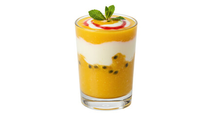 Delicious mango passion fruit smoothie in glass isolated, layered tropical drink with mint garnish for healthy eating and refreshment