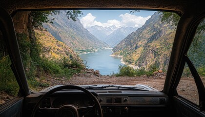 Mountain lake vista from dusty off-road vehicle