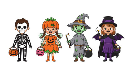Halloween Costume Extravaganza: A delightful collection of whimsical kids dressed in enchanting costumes, celebrating the festive spirit. Each child gleams with imagination.