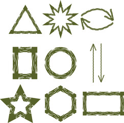 Collection of abstract geometric shapes and symbols with textured edges