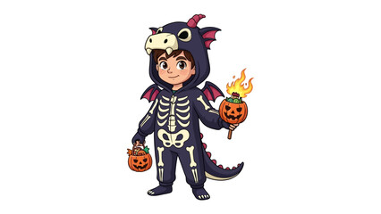Halloween Fun: A young child, adorned in a vibrant dragon-skeleton costume, beams with excitement while holding a fiery jack-o'-lantern, ready for a spooky night of trick-or-treating. 
