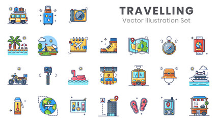 Set of travelling illustration design including camper van, adventure, camping, holiday, and vacation related. 