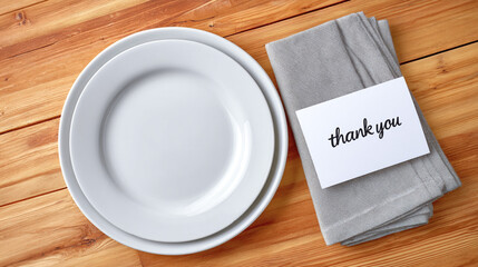 Elegant white plates arranged on a wooden table with a gray napkin and a handwritten thank you card, creating a warm and inviting dining atmosphere for gatherings