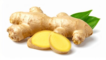 Whole ginger root with four yellow slices—knobby texture and vibrant interior evoke vitality, warmth, and natural resilience in minimalist botanical healing composition.