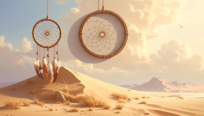 Dreamcatcher with woven web, brown and white feathers, and wooden beads—hanging on light wall evokes protection, tradition, and quiet introspection in minimalist handcrafted symbolism composition.