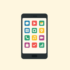 Smartphone illustration showing colorful flat app icons. Vector design for technology, mobile interface, and digital communication projects.