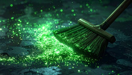 A wooden broom sweeping up a pile of glowing green particles on a dark, wet surface.