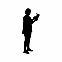 Silhouette of a caregiver reading a bedtime story with a flashlight isolated on white background