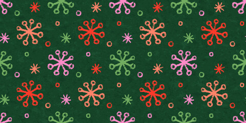 Seamless pattern with crayon snowflakes in Christmas colors. Green winter background with line holiday elements with pencil texture, print with doodles for Christmas decoration. Vector illustration