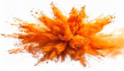 Burst of orange powder dispersing on white backdrop—dense and granular textures evoke energy, motion, and vibrant impact in minimalist pigment explosion composition.