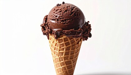 Double scoop chocolate ice cream cone with syrup and shavings—waffle cone and sunset street scene evoke indulgence, warmth, and urban delight in minimalist dessert moment composition.