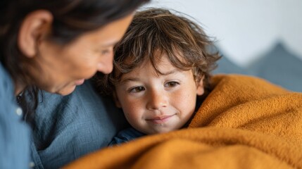 A young boy lying in bed next to a woman, both covered by a blanket.