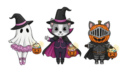 Spooky Halloween Trio: Adorable, digitally-created creatures dressed in playful Halloween costumes, holding candy baskets, ready to spread the joy.