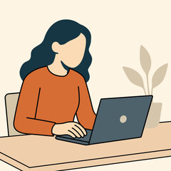 Illustration of a young woman working on a laptop at home. Flat vector design suitable for freelance, remote work, online learning, and business themes.
