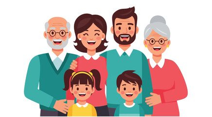 Happy multigenerational cartoon family portrait with grandparents, parents, and children smiling together, holding hands, enjoying joyful moment.