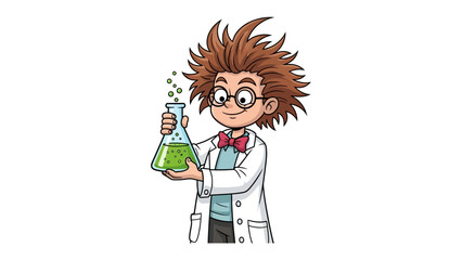 Enthusiastic Scientist in Lab: A cartoon scientist with messy hair and glasses, holds a flask of bubbling green liquid, in a laboratory setting.