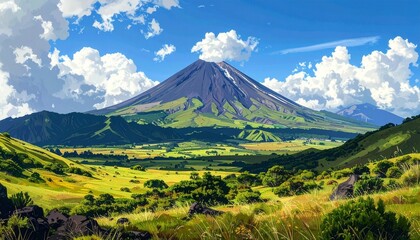 Volcanic mountain at sunrise with cloud-shrouded peak—lush valley, rivers, and red foliage evoke majesty, scale, and tranquil power in minimalist natural grandeur composition.
