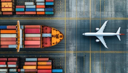 Aerial view of cargo ship and airplane at port (1)
